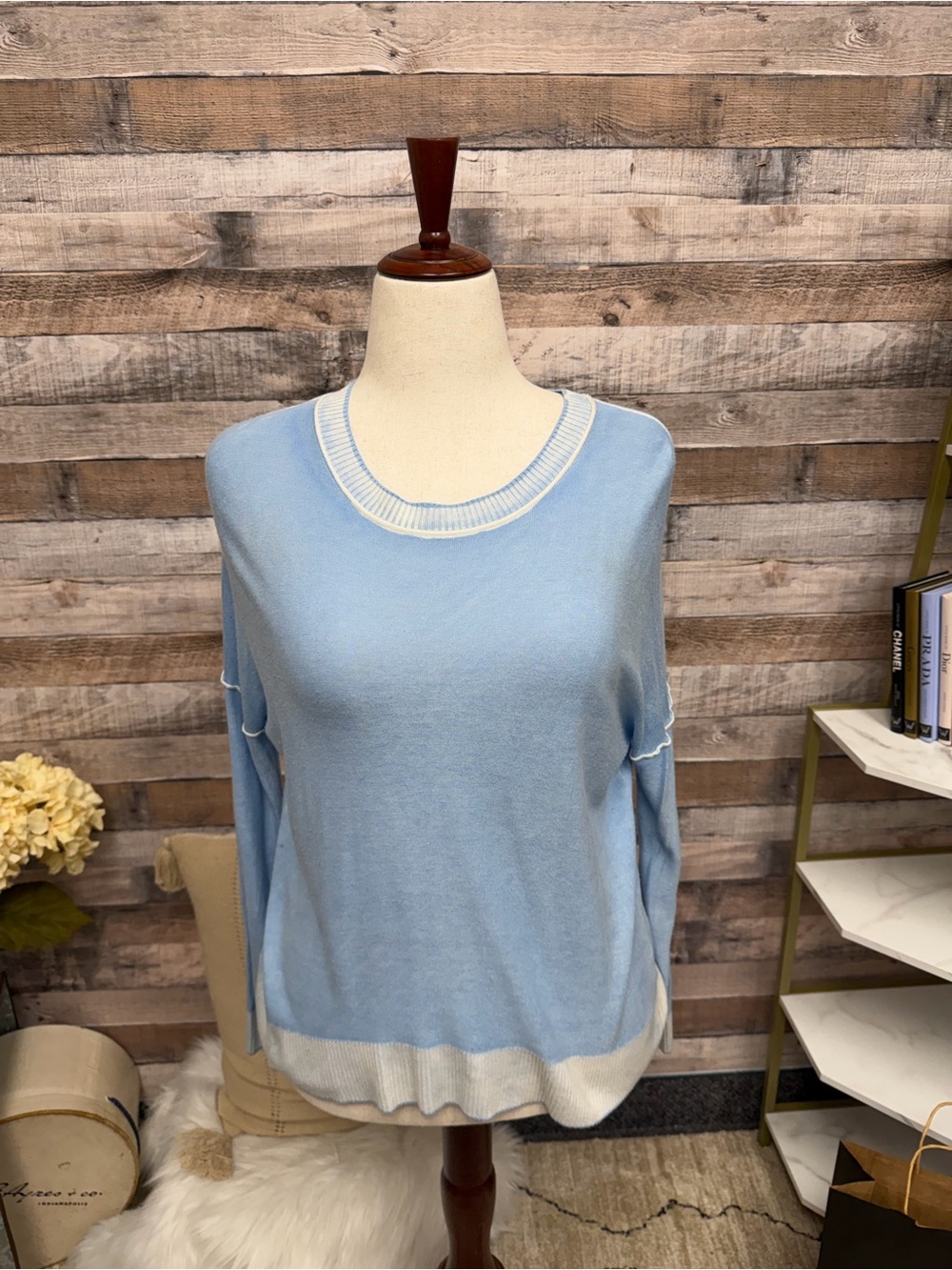 Light Blue Crewneck Sweater with White Trim